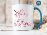Personalized Name Mug, Pink Cherry Blossom Black Accent Coffee Cup, Custom Name Gift for Her, Girl, Daughter, Birthday or Nursery Keepsake