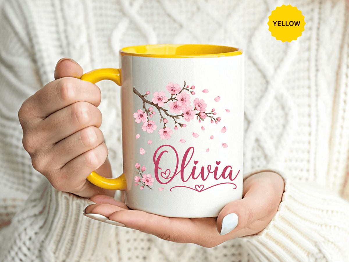 Personalized Name Mug, Pink Cherry Blossom Black Accent Coffee Cup, Custom Name Gift for Her, Girl, Daughter, Birthday or Nursery Keepsake