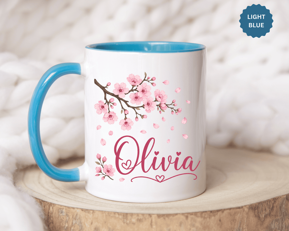 Personalized Name Mug, Pink Cherry Blossom Black Accent Coffee Cup, Custom Name Gift for Her, Girl, Daughter, Birthday or Nursery Keepsake