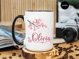 Personalized Name Mug, Pink Cherry Blossom Black Accent Coffee Cup, Custom Name Gift for Her, Girl, Daughter, Birthday or Nursery Keepsake