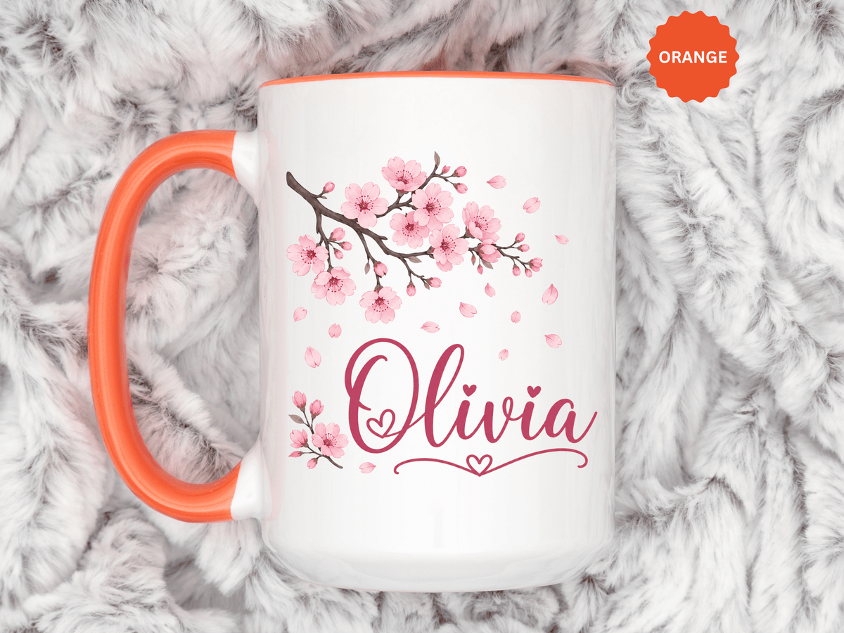 Personalized Name Mug, Pink Cherry Blossom Black Accent Coffee Cup, Custom Name Gift for Her, Girl, Daughter, Birthday or Nursery Keepsake