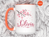 Personalized Name Mug, Pink Cherry Blossom Black Accent Coffee Cup, Custom Name Gift for Her, Girl, Daughter, Birthday or Nursery Keepsake