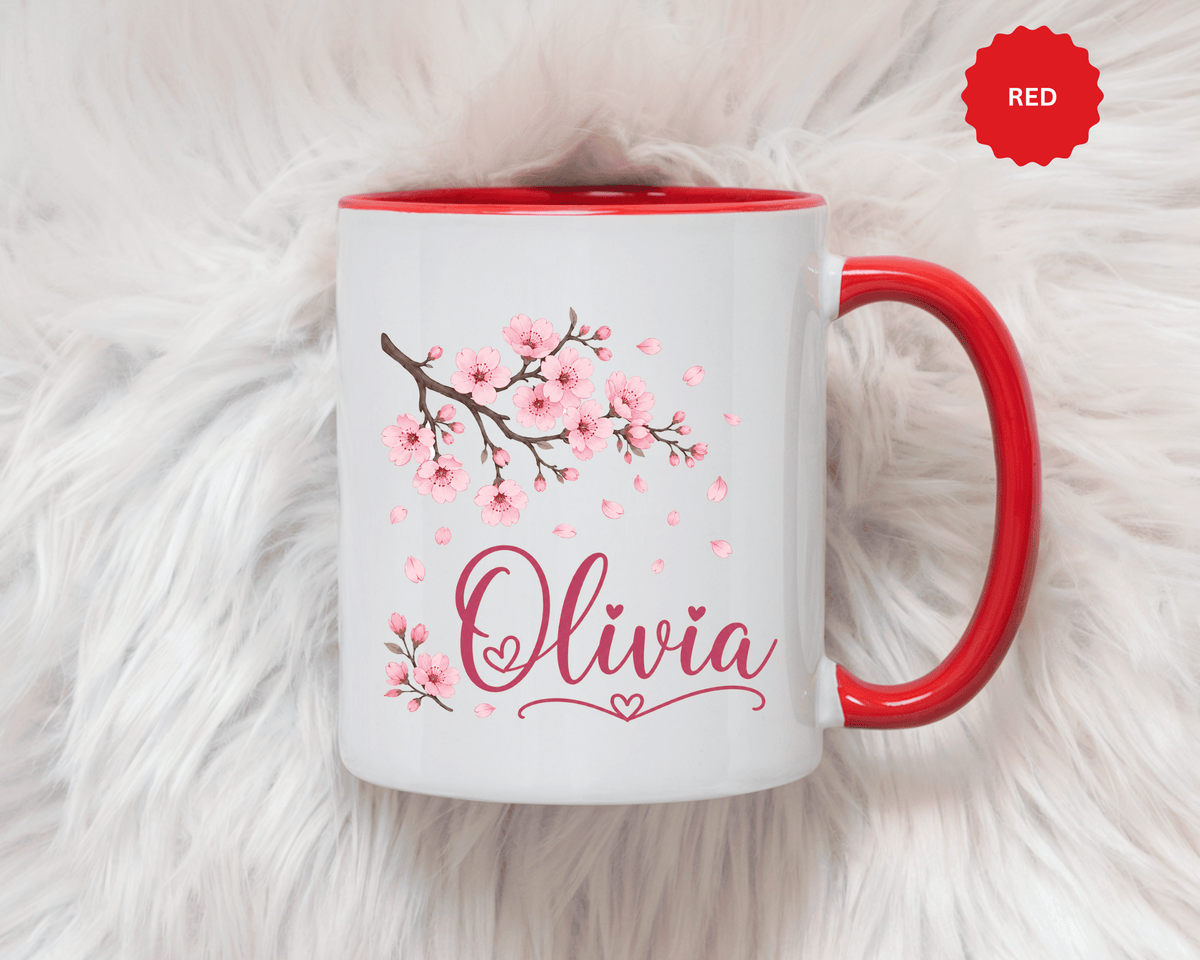 Personalized Name Mug, Pink Cherry Blossom Black Accent Coffee Cup, Custom Name Gift for Her, Girl, Daughter, Birthday or Nursery Keepsake