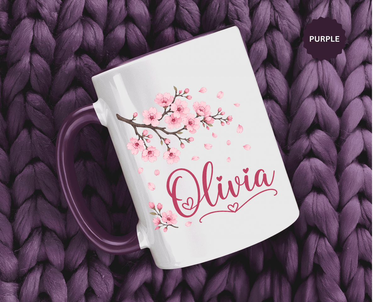 Personalized Name Mug, Pink Cherry Blossom Black Accent Coffee Cup, Custom Name Gift for Her, Girl, Daughter, Birthday or Nursery Keepsake