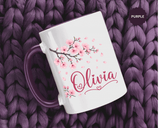Personalized Name Mug, Pink Cherry Blossom Black Accent Coffee Cup, Custom Name Gift for Her, Girl, Daughter, Birthday or Nursery Keepsake
