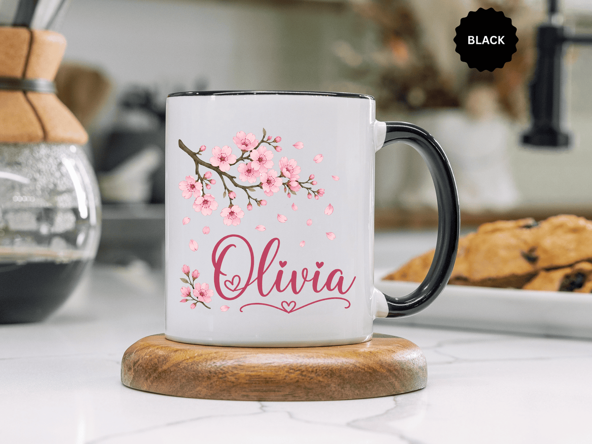 Personalized Name Mug, Pink Cherry Blossom Black Accent Coffee Cup, Custom Name Gift for Her, Girl, Daughter, Birthday or Nursery Keepsake