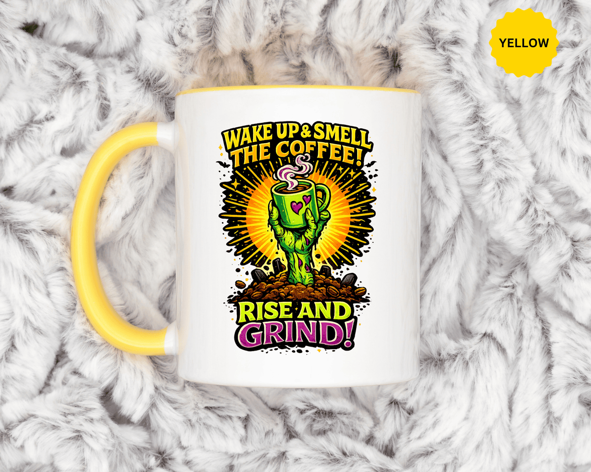 Zombie Coffee Mug, Wake Up and Smell the Coffee Black Accent Cup, Unique Funny Rise and Grind Gift for Horror Fan, Barista or Coworker