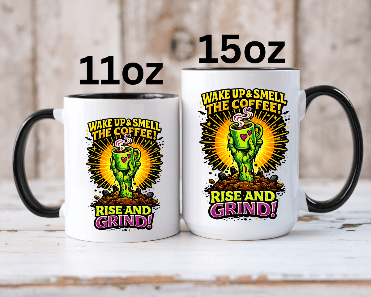 Zombie Coffee Mug, Wake Up and Smell the Coffee Black Accent Cup, Unique Funny Rise and Grind Gift for Horror Fan, Barista or Coworker