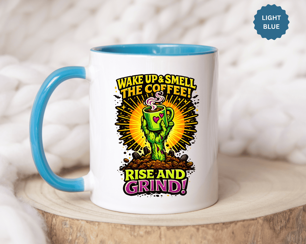 Zombie Coffee Mug, Wake Up and Smell the Coffee Black Accent Cup, Unique Funny Rise and Grind Gift for Horror Fan, Barista or Coworker