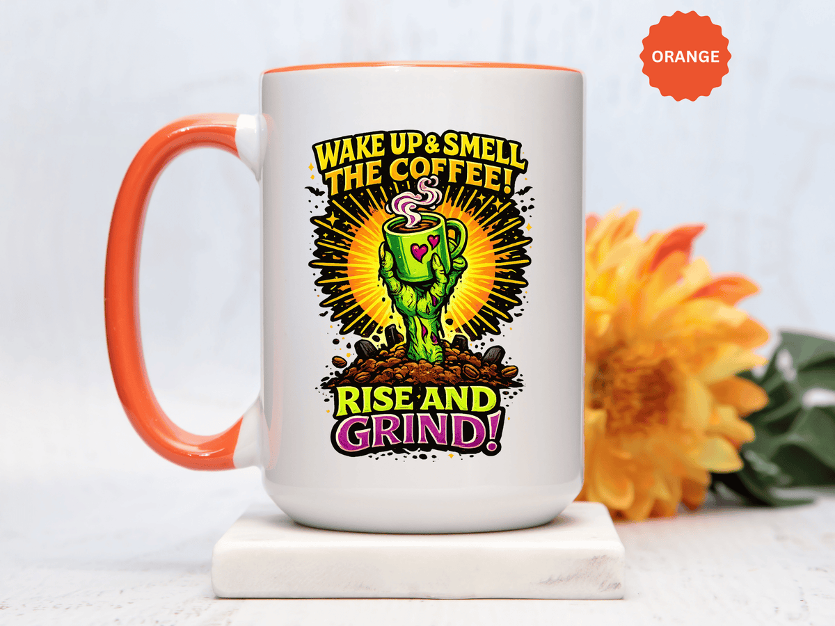 Zombie Coffee Mug, Wake Up and Smell the Coffee Black Accent Cup, Unique Funny Rise and Grind Gift for Horror Fan, Barista or Coworker