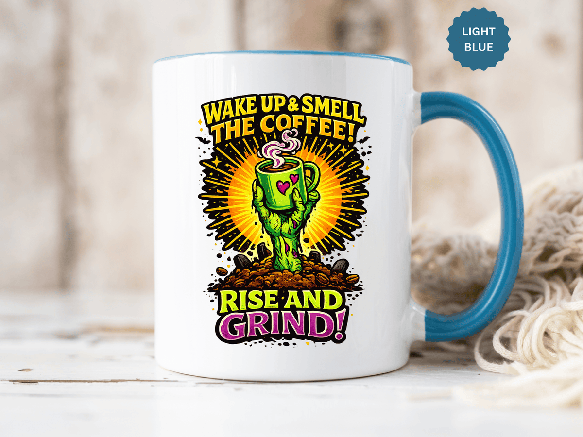 Zombie Coffee Mug, Wake Up and Smell the Coffee Black Accent Cup, Unique Funny Rise and Grind Gift for Horror Fan, Barista or Coworker