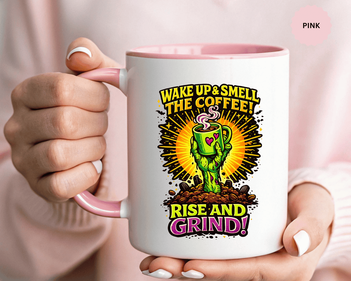 Zombie Coffee Mug, Wake Up and Smell the Coffee Black Accent Cup, Unique Funny Rise and Grind Gift for Horror Fan, Barista or Coworker