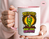 Zombie Coffee Mug, Wake Up and Smell the Coffee Black Accent Cup, Unique Funny Rise and Grind Gift for Horror Fan, Barista or Coworker