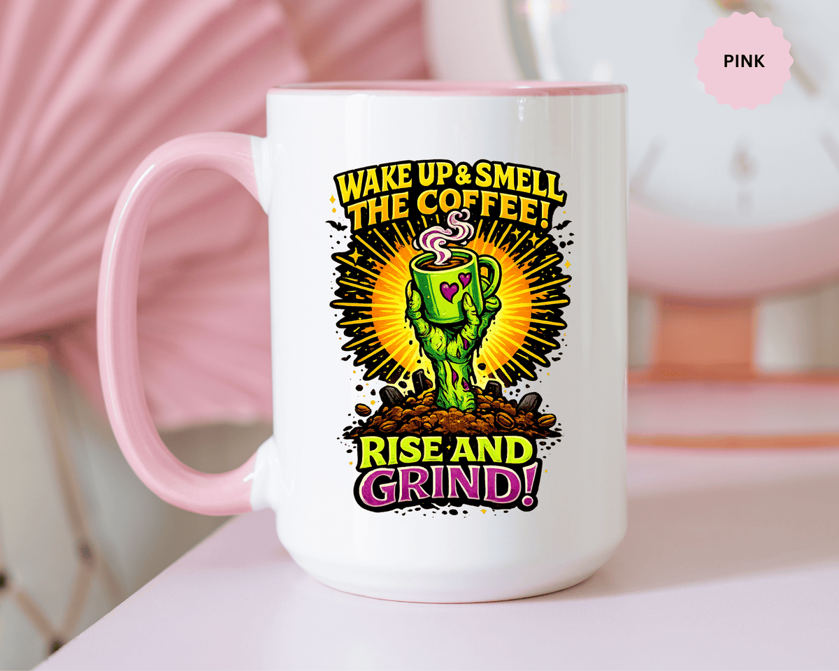 Zombie Coffee Mug, Wake Up and Smell the Coffee Black Accent Cup, Unique Funny Rise and Grind Gift for Horror Fan, Barista or Coworker
