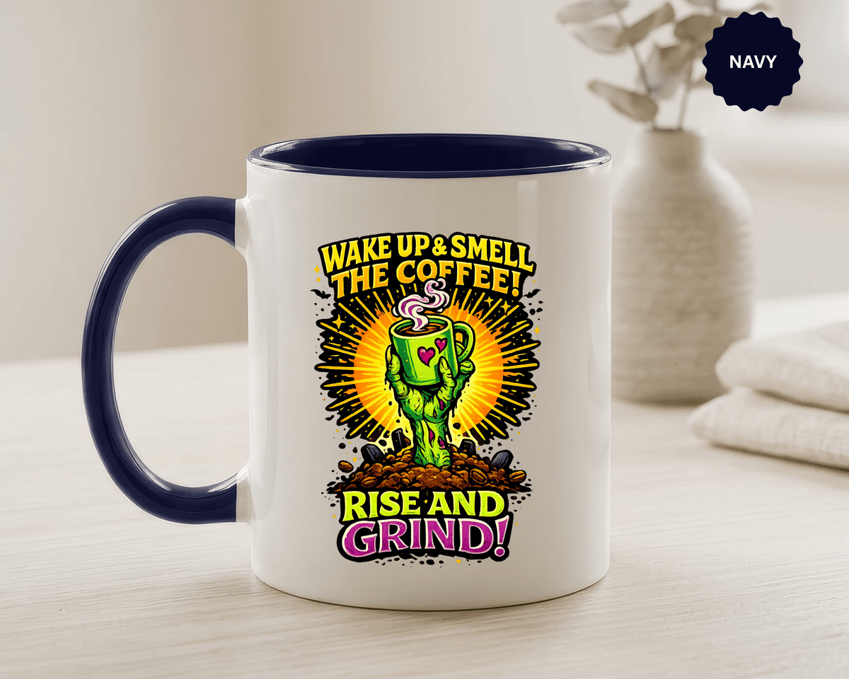 Zombie Coffee Mug, Wake Up and Smell the Coffee Black Accent Cup, Unique Funny Rise and Grind Gift for Horror Fan, Barista or Coworker