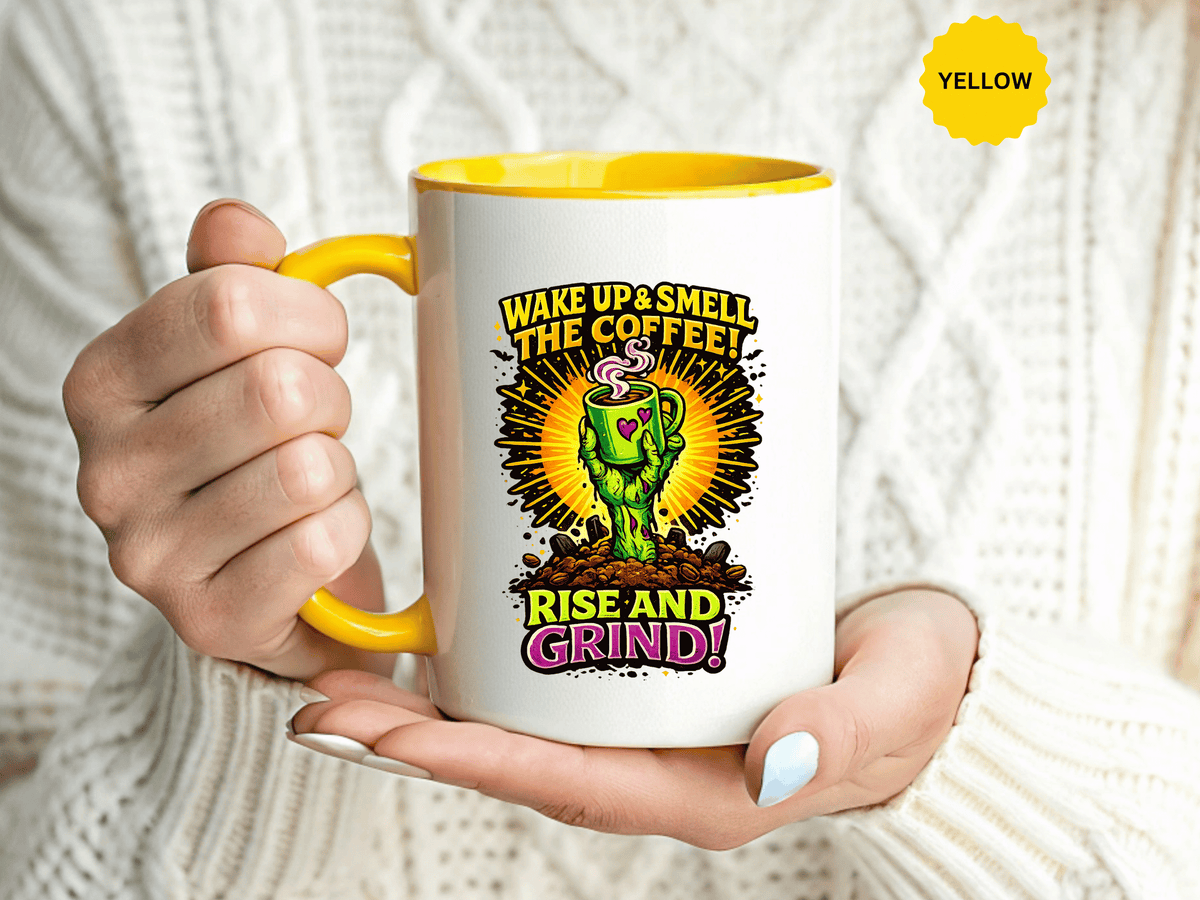 Zombie Coffee Mug, Wake Up and Smell the Coffee Black Accent Cup, Unique Funny Rise and Grind Gift for Horror Fan, Barista or Coworker