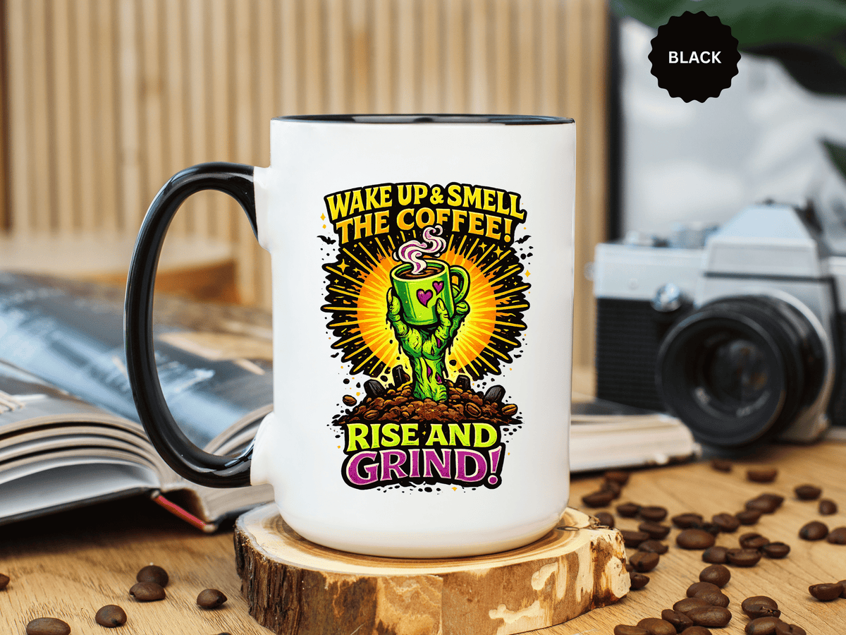Zombie Coffee Mug, Wake Up and Smell the Coffee Black Accent Cup, Unique Funny Rise and Grind Gift for Horror Fan, Barista or Coworker