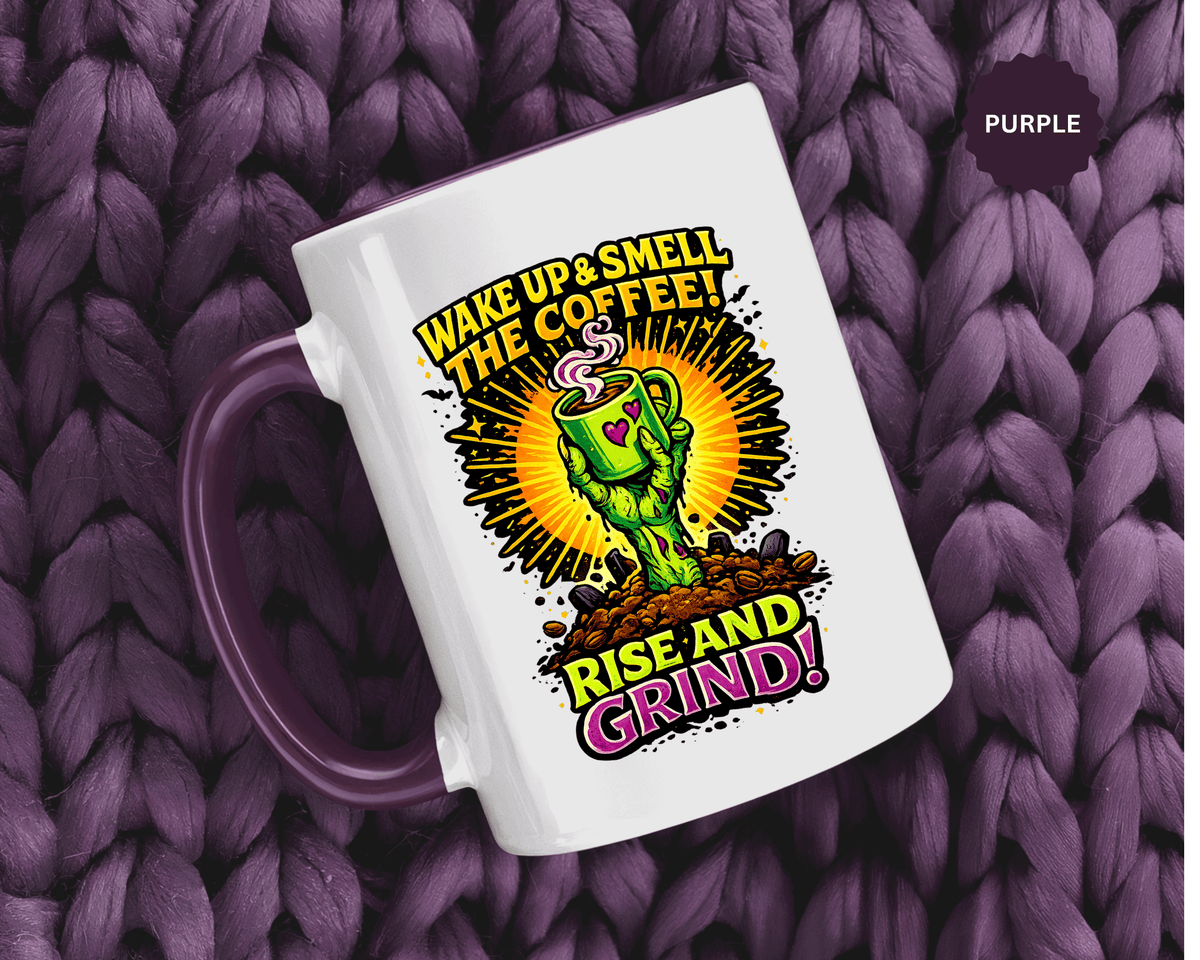 Zombie Coffee Mug, Wake Up and Smell the Coffee Black Accent Cup, Unique Funny Rise and Grind Gift for Horror Fan, Barista or Coworker