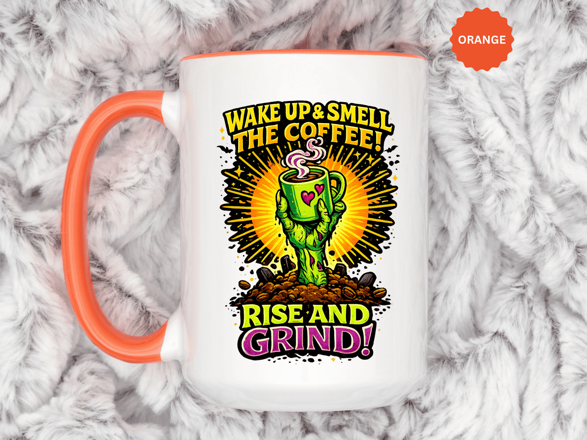 Zombie Coffee Mug, Wake Up and Smell the Coffee Black Accent Cup, Unique Funny Rise and Grind Gift for Horror Fan, Barista or Coworker