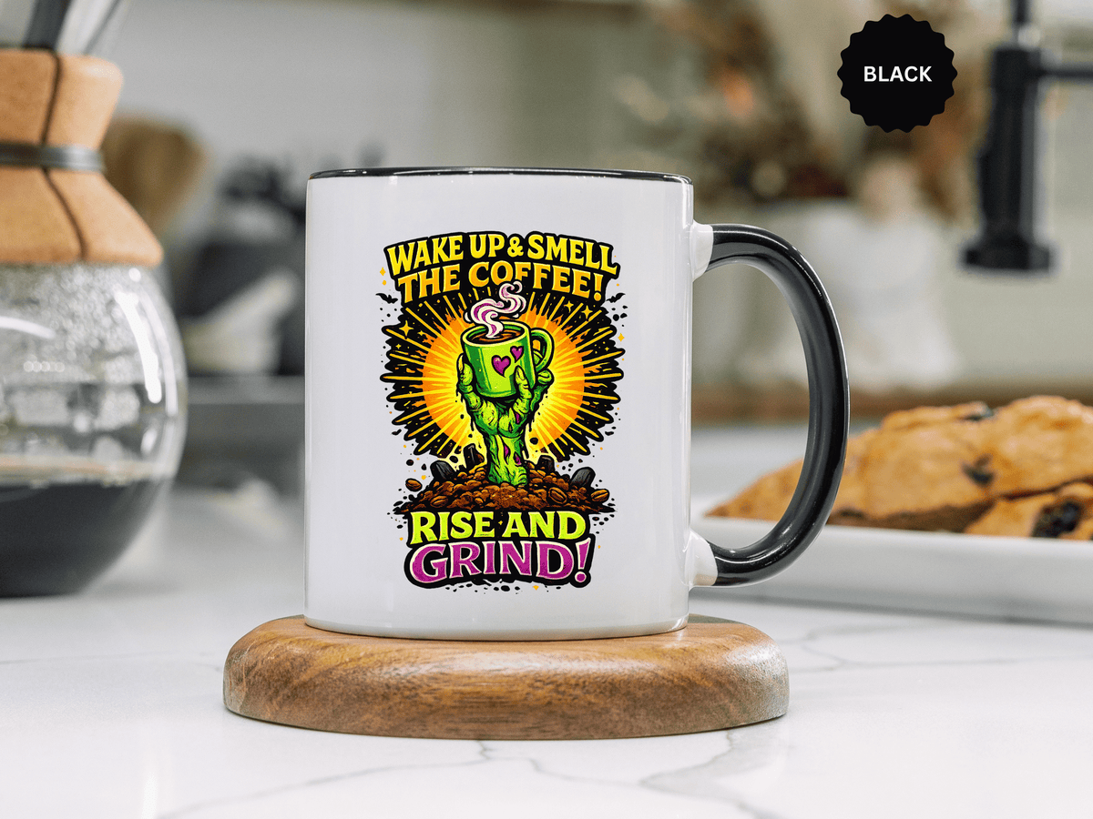 Zombie Coffee Mug, Wake Up and Smell the Coffee Black Accent Cup, Unique Funny Rise and Grind Gift for Horror Fan, Barista or Coworker