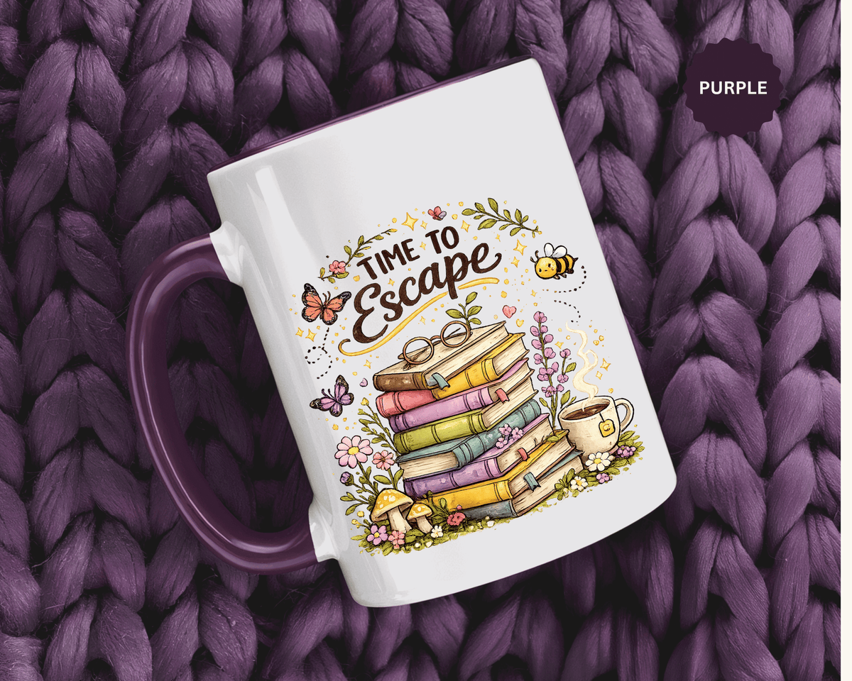Book Lover Coffee Mug, Time to Escape Black Accent Cup with Books and Tea, Unique Cozy Gift for Reader, Librarian, Teacher or Bookworm