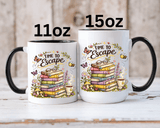 Book Lover Coffee Mug, Time to Escape Black Accent Cup with Books and Tea, Unique Cozy Gift for Reader, Librarian, Teacher or Bookworm