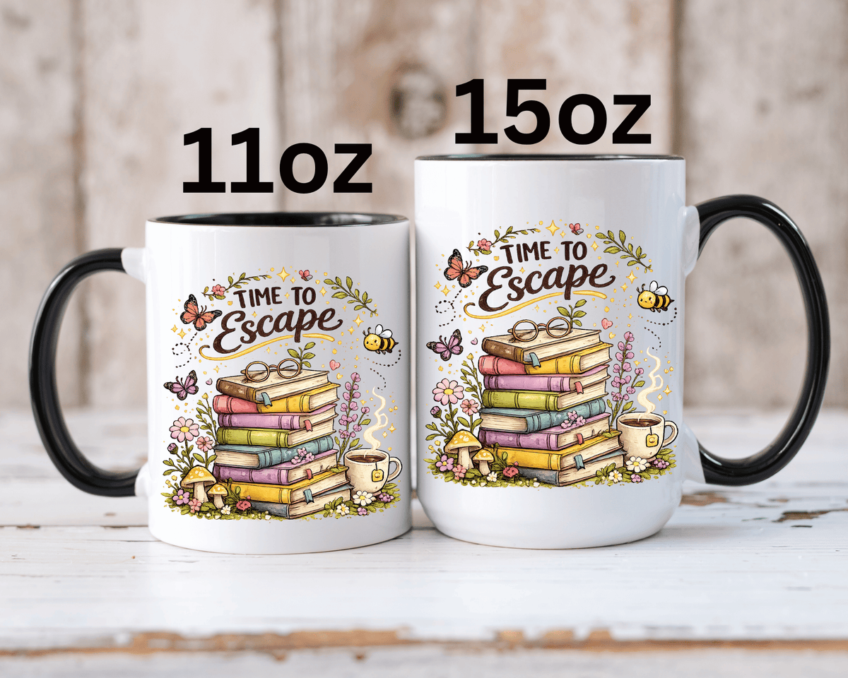Book Lover Coffee Mug, Time to Escape Black Accent Cup with Books and Tea, Unique Cozy Gift for Reader, Librarian, Teacher or Bookworm