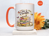 Book Lover Coffee Mug, Time to Escape Black Accent Cup with Books and Tea, Unique Cozy Gift for Reader, Librarian, Teacher or Bookworm