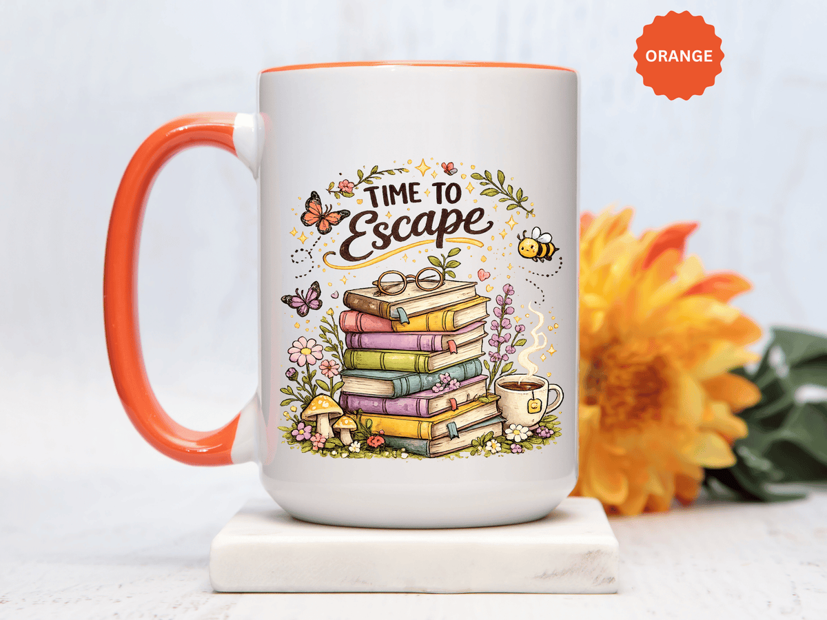 Book Lover Coffee Mug, Time to Escape Black Accent Cup with Books and Tea, Unique Cozy Gift for Reader, Librarian, Teacher or Bookworm