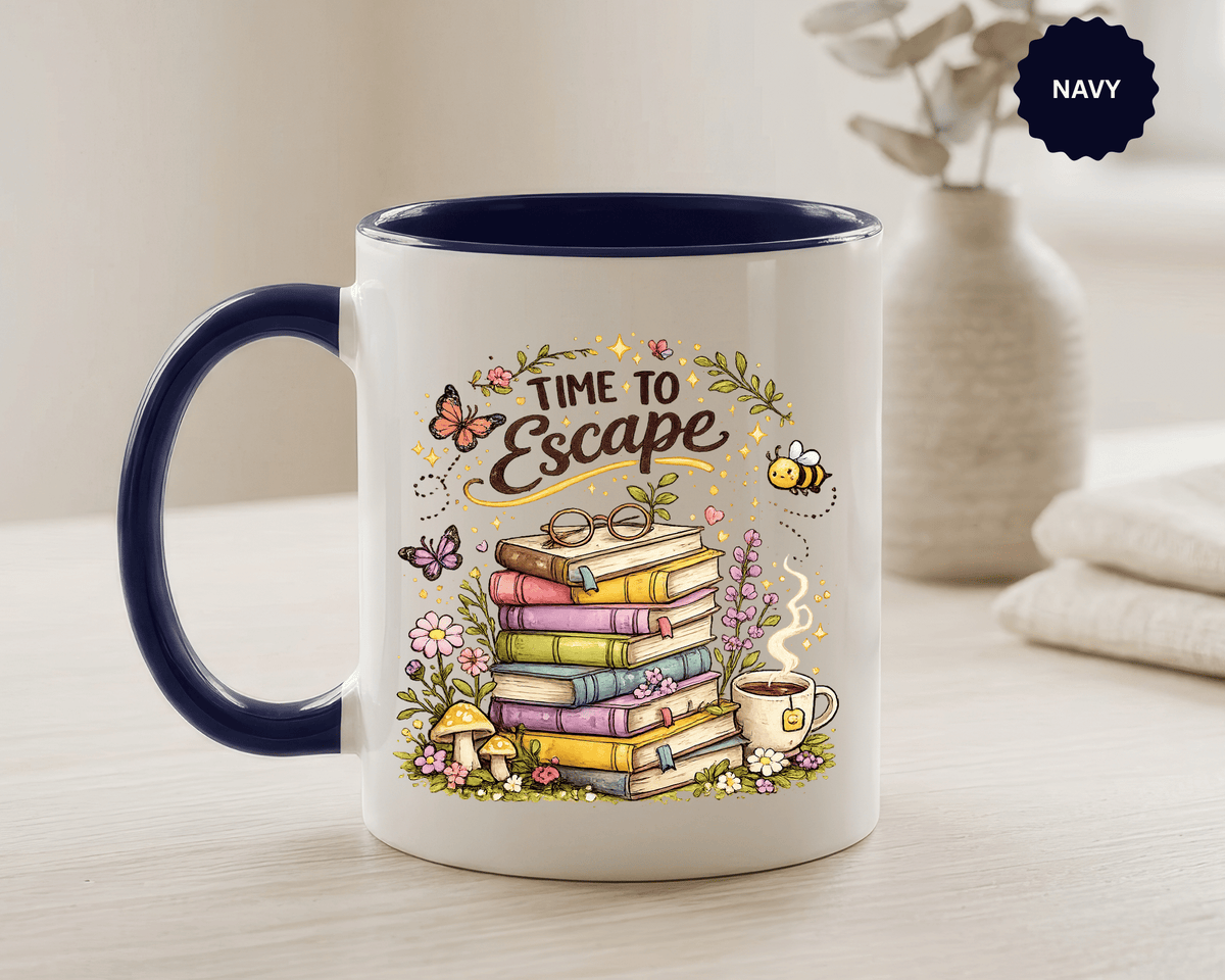 Book Lover Coffee Mug, Time to Escape Black Accent Cup with Books and Tea, Unique Cozy Gift for Reader, Librarian, Teacher or Bookworm