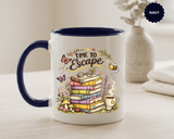 Book Lover Coffee Mug, Time to Escape Black Accent Cup with Books and Tea, Unique Cozy Gift for Reader, Librarian, Teacher or Bookworm