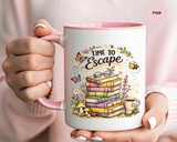Book Lover Coffee Mug, Time to Escape Black Accent Cup with Books and Tea, Unique Cozy Gift for Reader, Librarian, Teacher or Bookworm