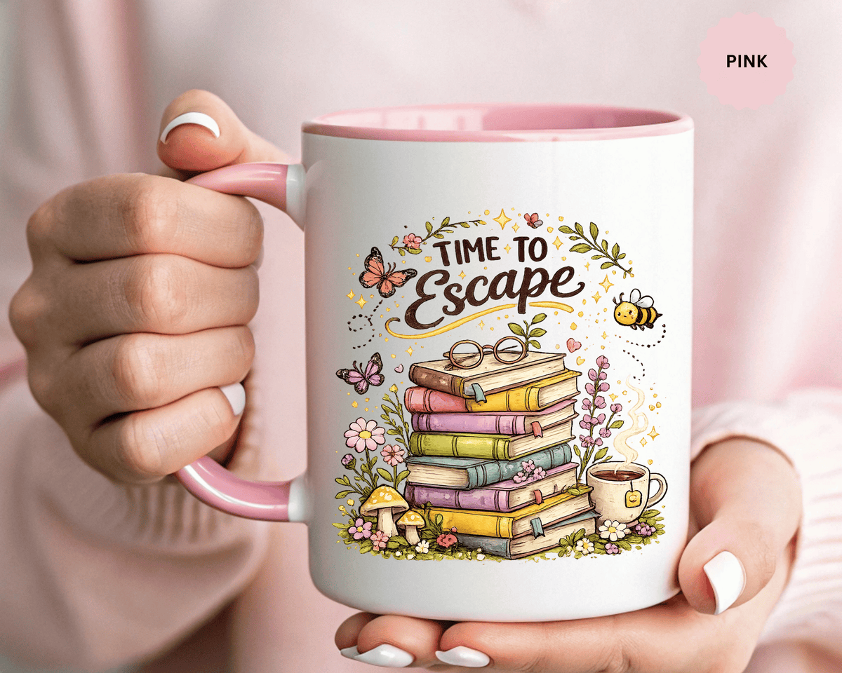 Book Lover Coffee Mug, Time to Escape Black Accent Cup with Books and Tea, Unique Cozy Gift for Reader, Librarian, Teacher or Bookworm