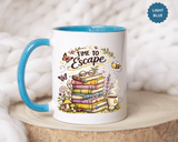 Book Lover Coffee Mug, Time to Escape Black Accent Cup with Books and Tea, Unique Cozy Gift for Reader, Librarian, Teacher or Bookworm