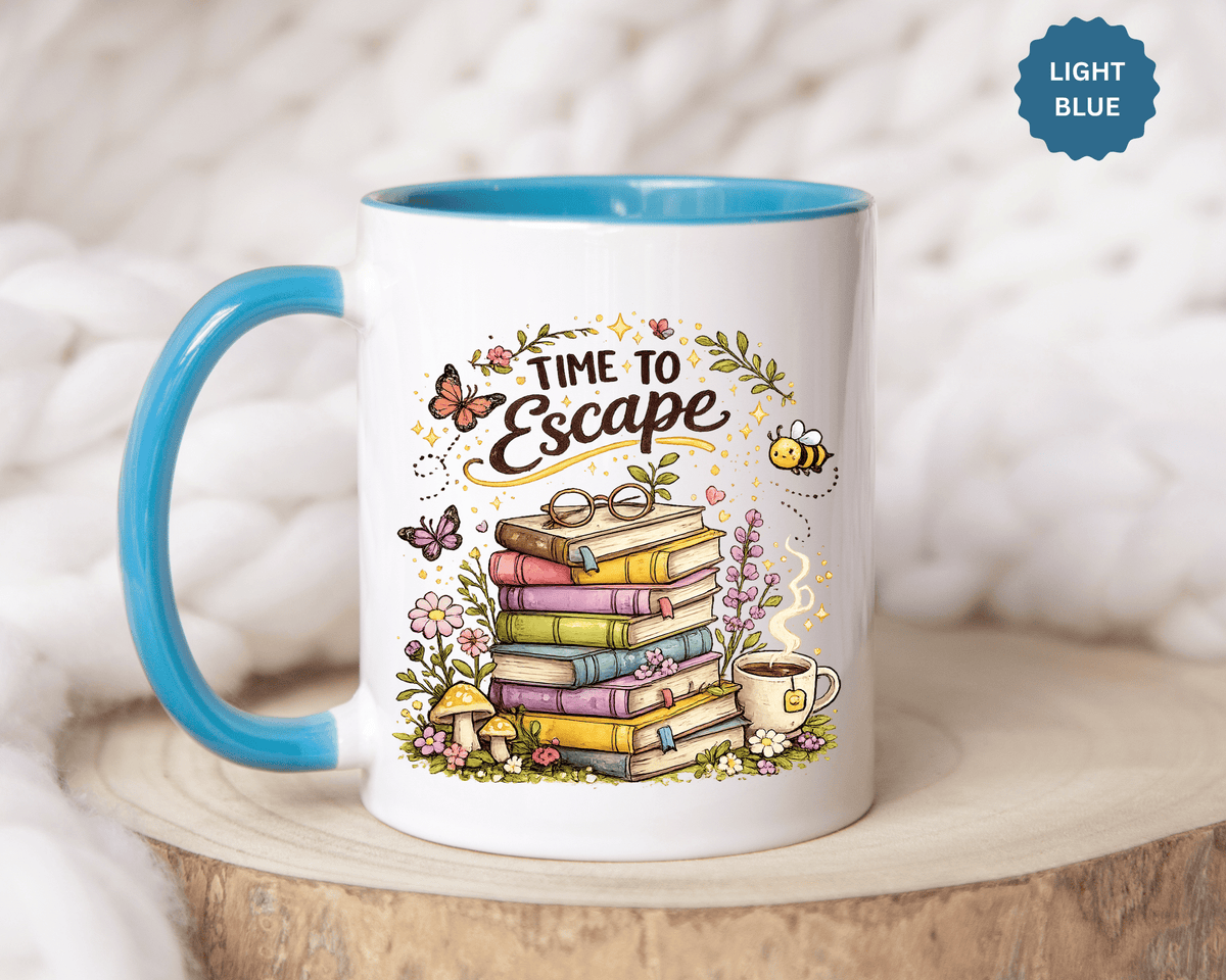 Book Lover Coffee Mug, Time to Escape Black Accent Cup with Books and Tea, Unique Cozy Gift for Reader, Librarian, Teacher or Bookworm
