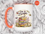 Book Lover Coffee Mug, Time to Escape Black Accent Cup with Books and Tea, Unique Cozy Gift for Reader, Librarian, Teacher or Bookworm