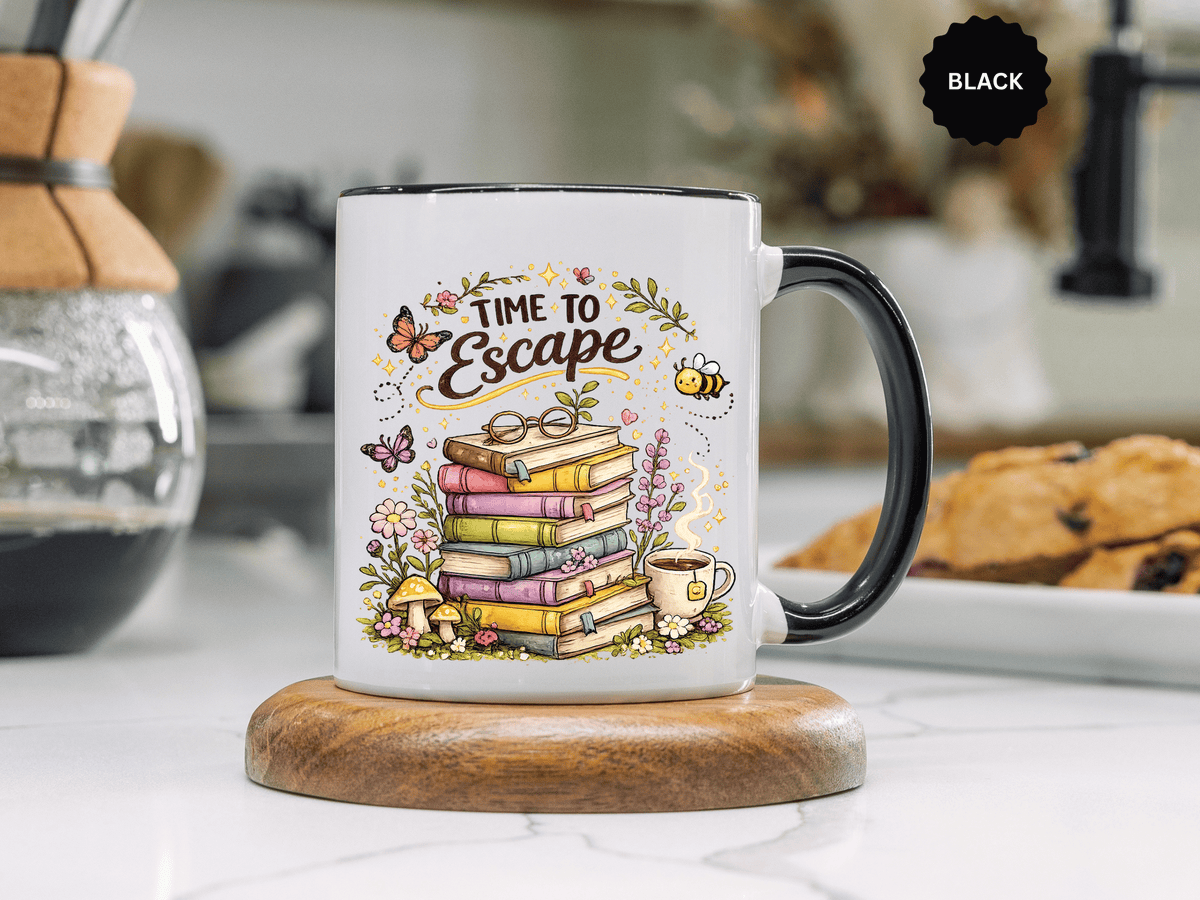 Book Lover Coffee Mug, Time to Escape Black Accent Cup with Books and Tea, Unique Cozy Gift for Reader, Librarian, Teacher or Bookworm