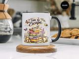 Book Lover Coffee Mug, Time to Escape Black Accent Cup with Books and Tea, Unique Cozy Gift for Reader, Librarian, Teacher or Bookworm