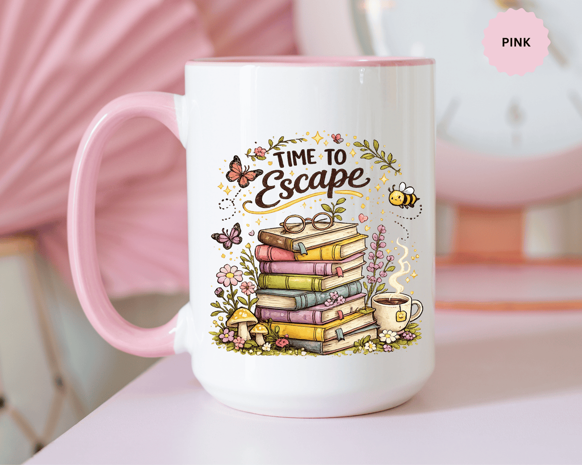 Book Lover Coffee Mug, Time to Escape Black Accent Cup with Books and Tea, Unique Cozy Gift for Reader, Librarian, Teacher or Bookworm