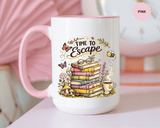 Book Lover Coffee Mug, Time to Escape Black Accent Cup with Books and Tea, Unique Cozy Gift for Reader, Librarian, Teacher or Bookworm