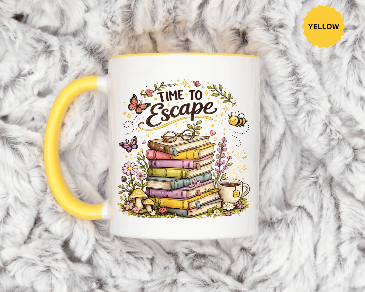 Book Lover Coffee Mug, Time to Escape Black Accent Cup with Books and Tea, Unique Cozy Gift for Reader, Librarian, Teacher or Bookworm