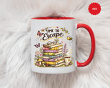 Book Lover Coffee Mug, Time to Escape Black Accent Cup with Books and Tea, Unique Cozy Gift for Reader, Librarian, Teacher or Bookworm