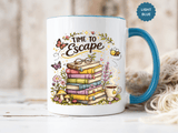 Book Lover Coffee Mug, Time to Escape Black Accent Cup with Books and Tea, Unique Cozy Gift for Reader, Librarian, Teacher or Bookworm