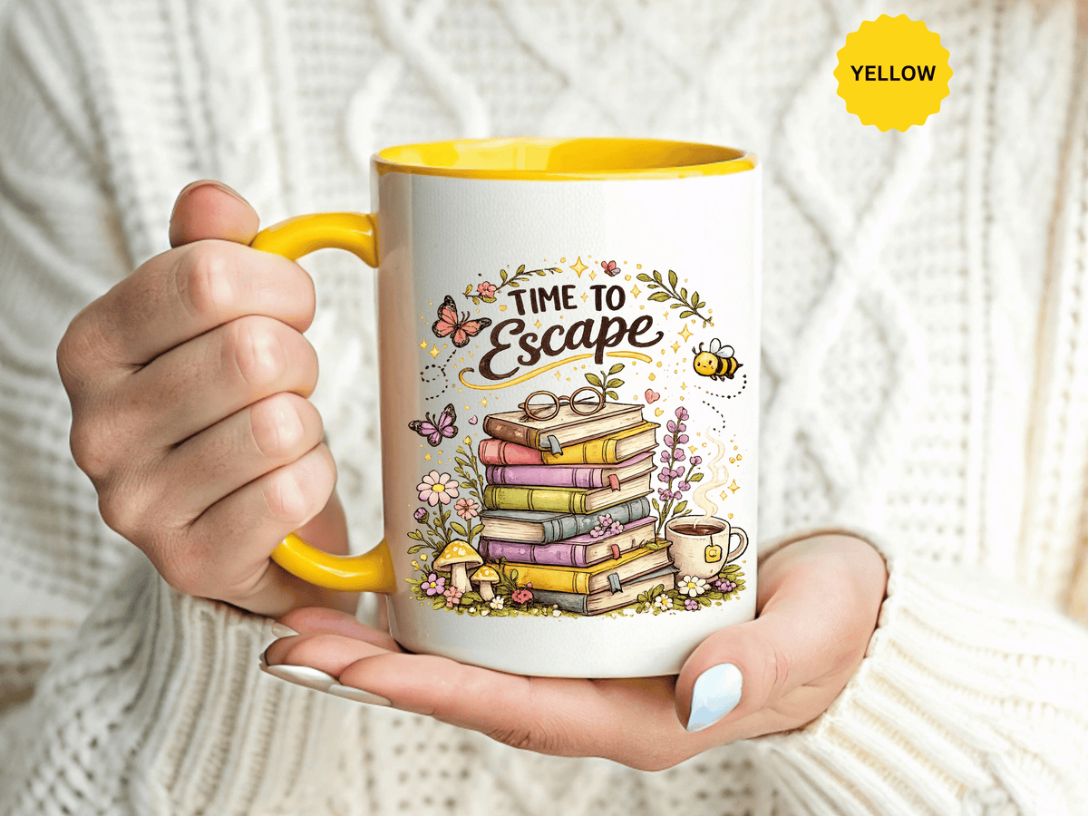 Book Lover Coffee Mug, Time to Escape Black Accent Cup with Books and Tea, Unique Cozy Gift for Reader, Librarian, Teacher or Bookworm