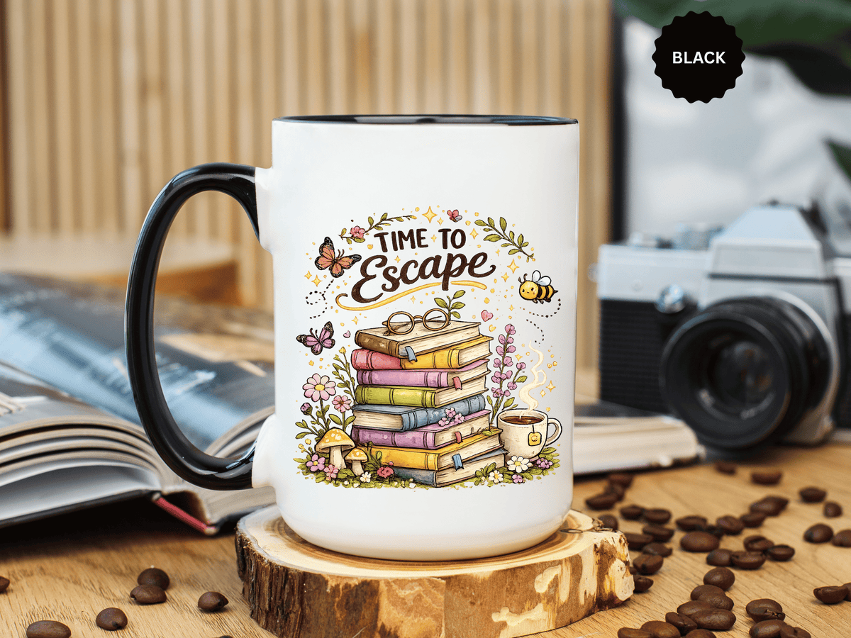 Book Lover Coffee Mug, Time to Escape Black Accent Cup with Books and Tea, Unique Cozy Gift for Reader, Librarian, Teacher or Bookworm