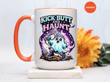 Kick Butt and Haunt Mug, Cute Pastel Ghost Black Accent Coffee Cup, Unique Funny Halloween Gift for Her, Spooky Bestie or Pastel Goth