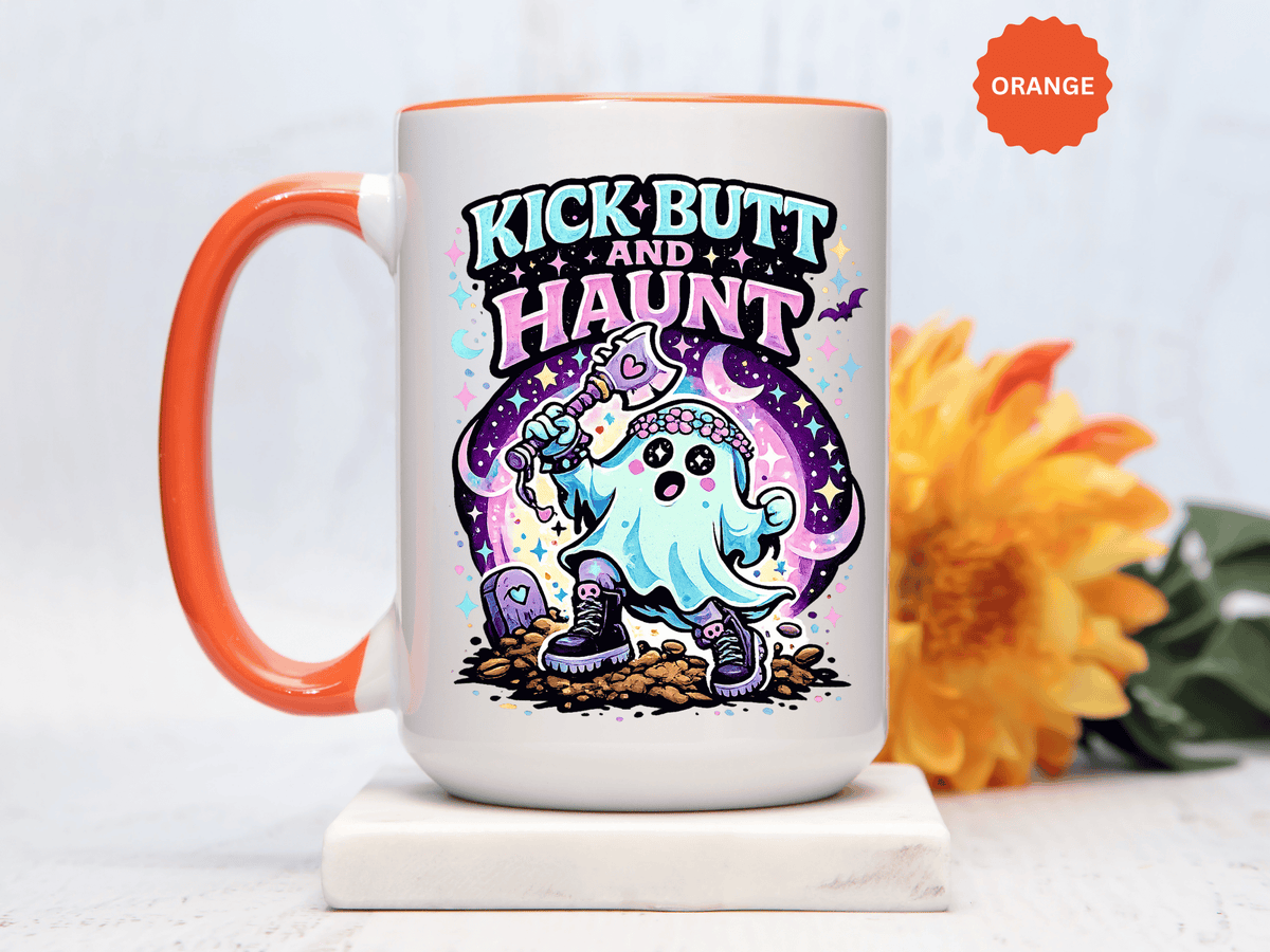 Kick Butt and Haunt Mug, Cute Pastel Ghost Black Accent Coffee Cup, Unique Funny Halloween Gift for Her, Spooky Bestie or Pastel Goth