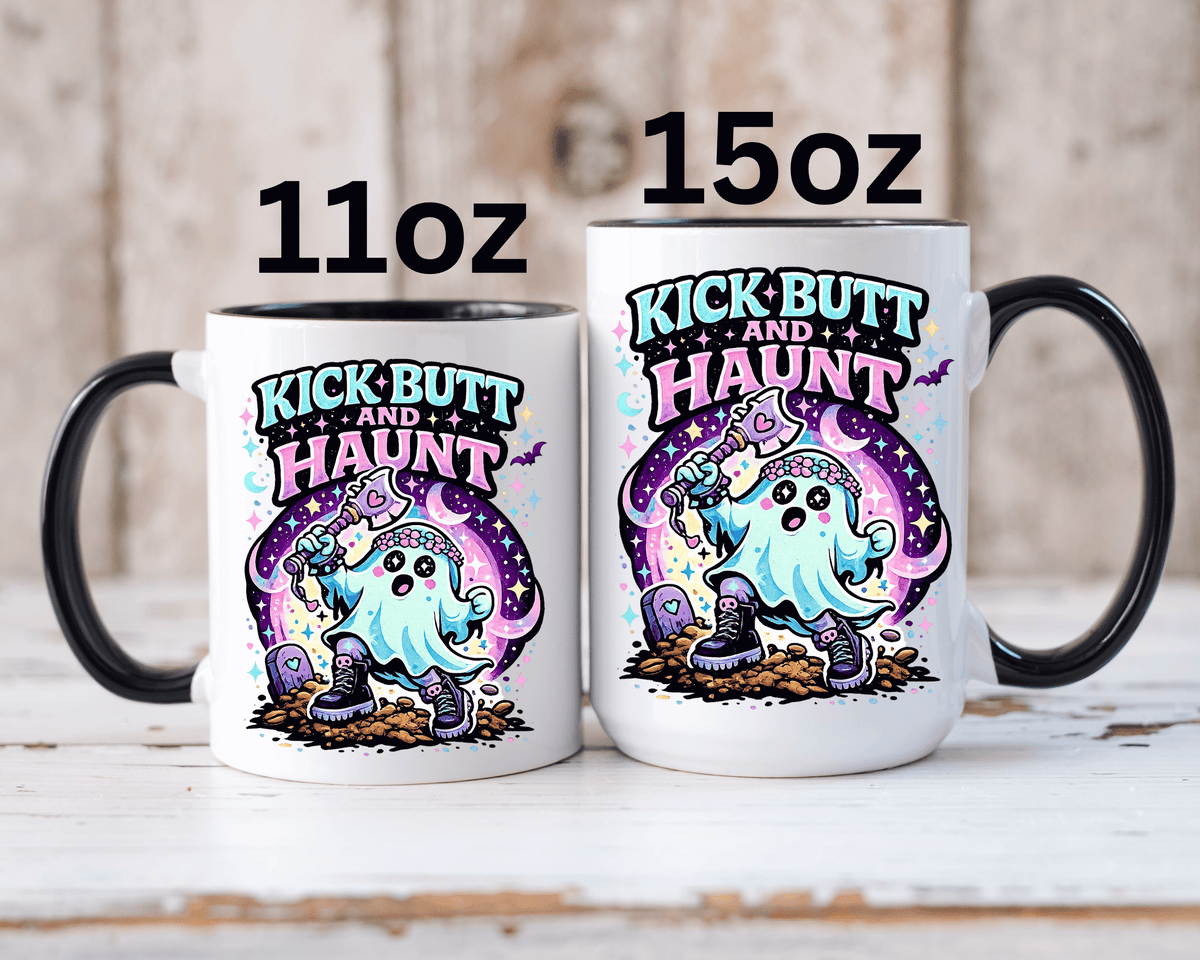 Kick Butt and Haunt Mug, Cute Pastel Ghost Black Accent Coffee Cup, Unique Funny Halloween Gift for Her, Spooky Bestie or Pastel Goth