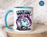 Kick Butt and Haunt Mug, Cute Pastel Ghost Black Accent Coffee Cup, Unique Funny Halloween Gift for Her, Spooky Bestie or Pastel Goth