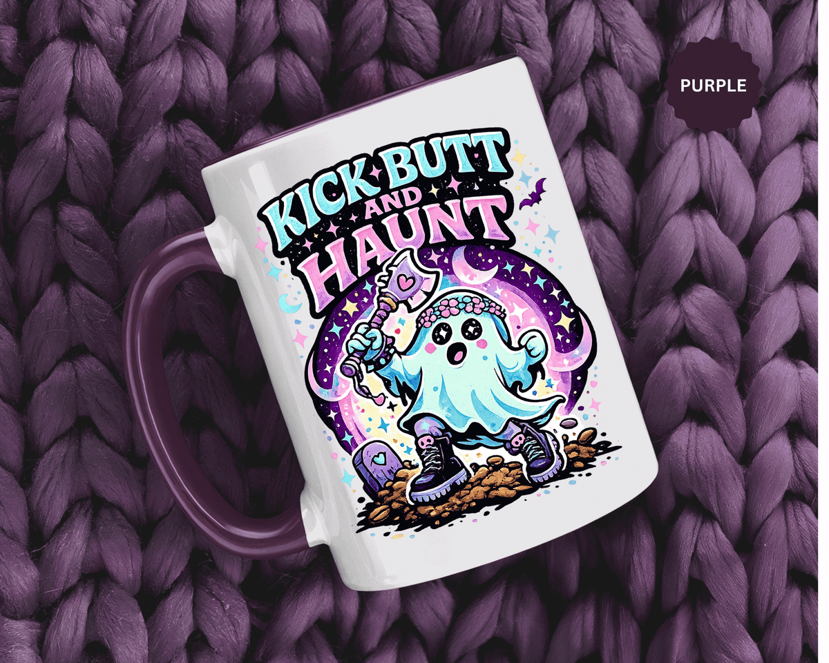 Kick Butt and Haunt Mug, Cute Pastel Ghost Black Accent Coffee Cup, Unique Funny Halloween Gift for Her, Spooky Bestie or Pastel Goth